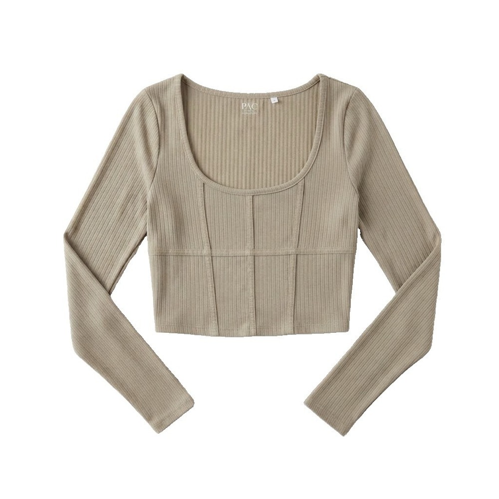 PAC Cares Women's Camel Long Sleeve Ribbed Scoop Neck Crop Top Size S
